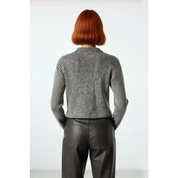 Kadın Dik Yaka Çizgili Crop Regular Kalıp Triko Kazak Soğuk Havalar İçin Şık Günlük Kombinler