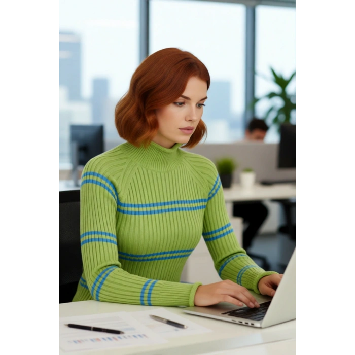 Kadın Dik Yaka Çizgili Triko Kazak Reglan Kol Uzun Kollu Rahat Fitilli Dokuma Kışlık Basic