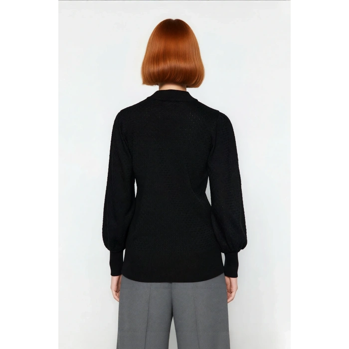 Kadın Dik Yaka Dokulu Balon Kol Regular Kalıp Akrilik Triko Kazak Günlük Ve Rahat Kış Kombinleri