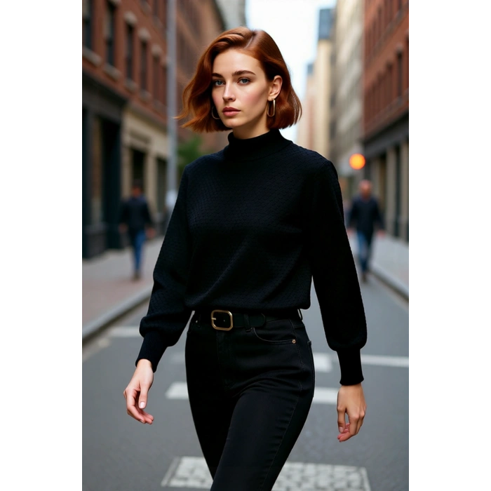 Kadın Dik Yaka Dokulu Balon Kol Regular Kalıp Akrilik Triko Kazak Günlük Ve Rahat Kış Kombinleri