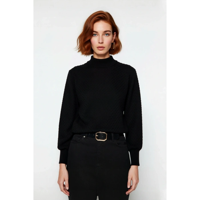 Kadın Dik Yaka Dokulu Balon Kol Regular Kalıp Akrilik Triko Kazak Günlük Ve Rahat Kış Kombinleri