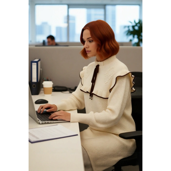 Kadın Dik Yaka Düşük Kollu Selanik Dokuma Biyeli Tunik Saç Örgü Detaylı Kışlık Kazak Kaliteli