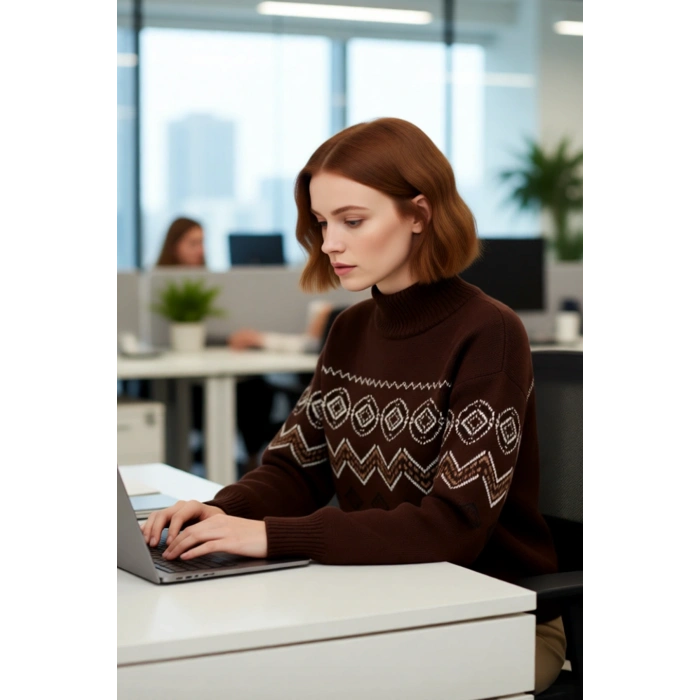 Kadın Dik Yaka Etnik Desenli Regular Kalıp Triko Kazak Uzun Düşük Kollu Kış Gardırobunun Yıldızı