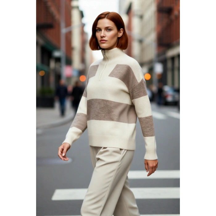 Kadın Dik Yaka Fermuarlı Oversize Çizgili Düşük Kollu Triko Kazak Günlük Şıklık ve Sıcaklık