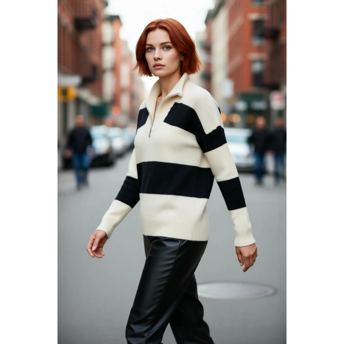 Kadın Dik Yaka Fermuarlı Oversize Çizgili Düşük Kollu Triko Kazak Günlük Şıklık ve Sıcaklık