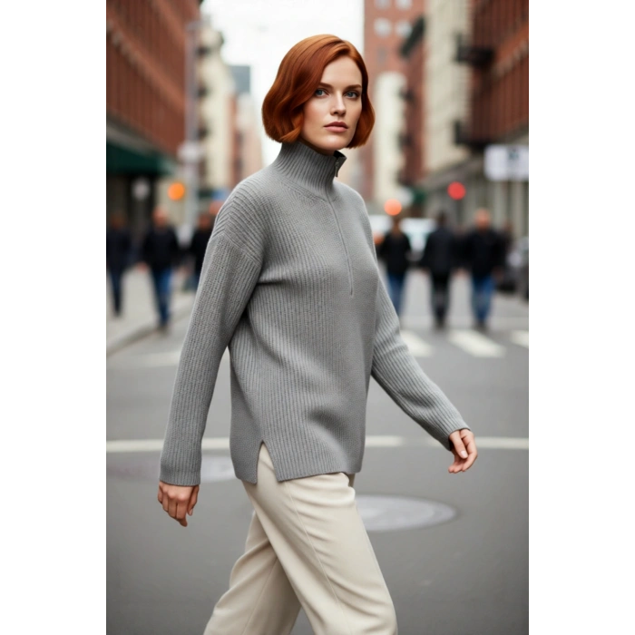 Kadın Dik Yaka Fermuarlı Regular Kalıp Düşük Kol Selanik Örgü Uzun Triko Kazak Soğuk Günler İçin