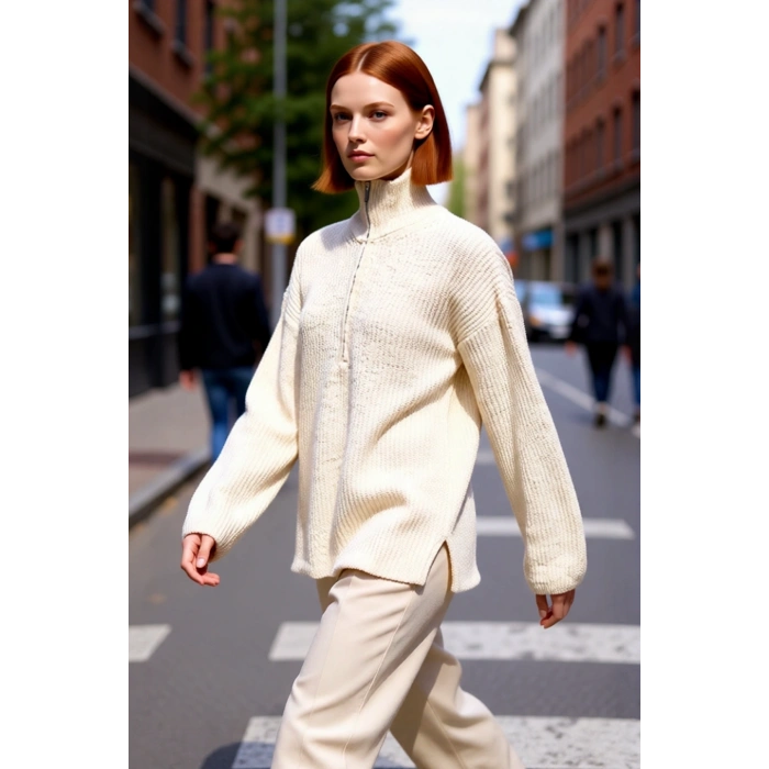 Kadın Dik Yaka Fermuarlı Regular Kalıp Düşük Kol Selanik Örgü Uzun Triko Kazak Soğuk Günler İçin