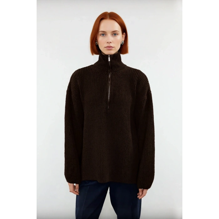 Kadın Dik Yaka Fermuarlı Regular Kalıp Düşük Kol Selanik Örgü Uzun Triko Kazak Soğuk Günler İçin