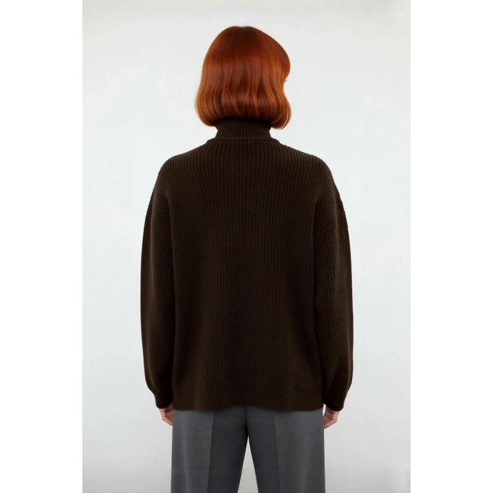 Kadın Dik Yaka Fermuarlı Regular Kalıp Düşük Kol Selanik Örgü Uzun Triko Kazak Soğuk Günler İçin