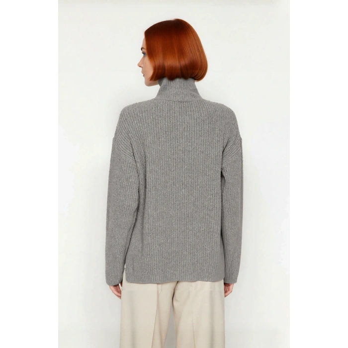 Kadın Dik Yaka Fermuarlı Regular Kalıp Düşük Kol Selanik Örgü Uzun Triko Kazak Soğuk Günler İçin