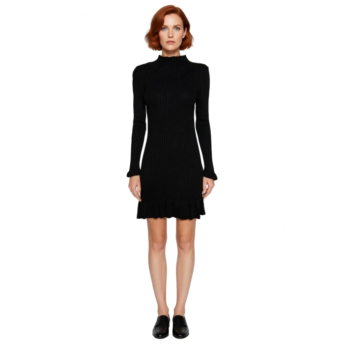 Kadın Dik Yaka Fitilli Triko Mini Elbise Fırfır Detaylı Uzun Kollu Soğuk Havalar İçin İdeal Model