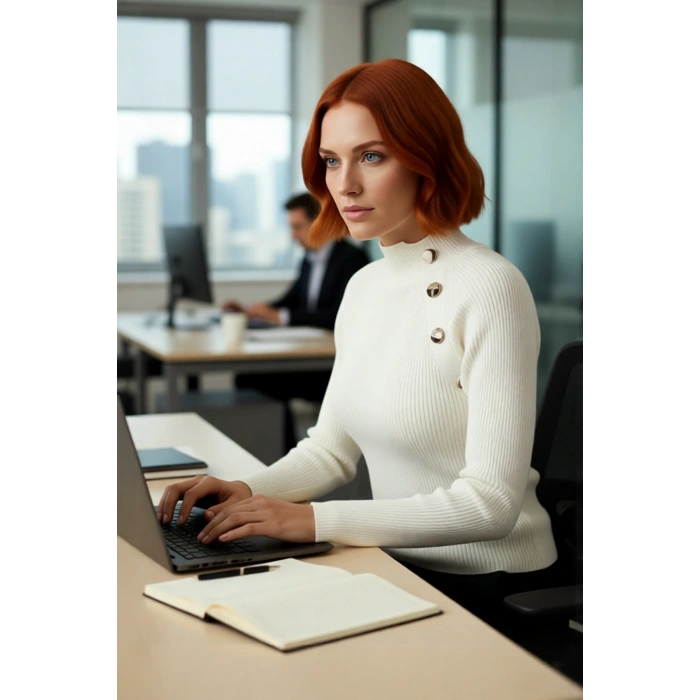 Kadın Dik Yaka Fitted Akrilik Triko Kazak Düğme Detaylı Uzun Kollu Soğuk Havalara Şıklık Katın