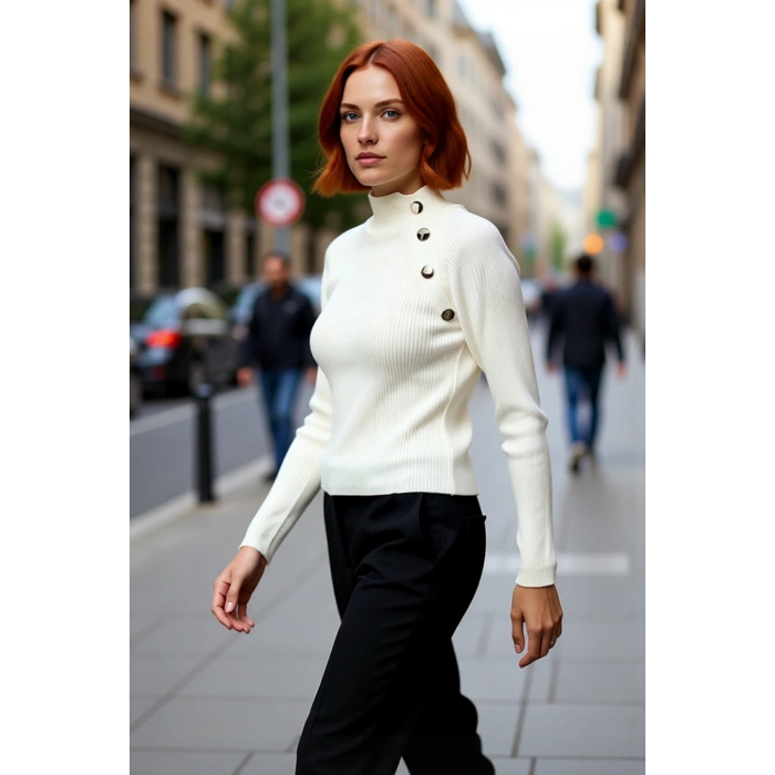 Kadın Dik Yaka Fitted Akrilik Triko Kazak Düğme Detaylı Uzun Kollu Soğuk Havalara Şıklık Katın