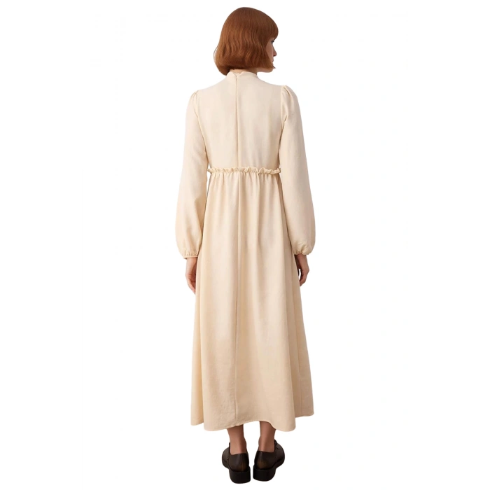 Kadın Dik Yaka Güpür Detaylı Uzun Kollu A Line Maxi Boy Dokuma Elbise Günlük Şıklık Kaliteli