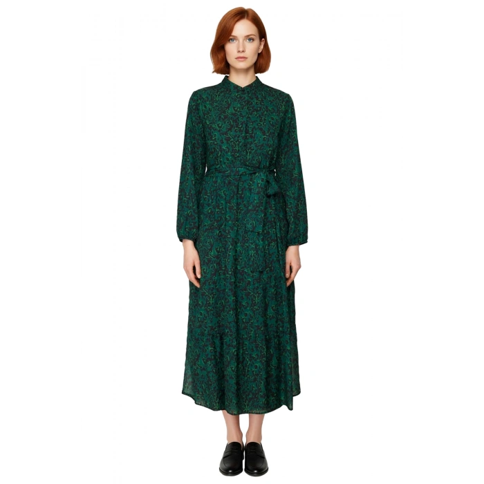 Kadın Dik Yaka Kuşaklı A line Kalıp Puantiye Desenli Şifon Uzun Kol Maxi Elbise Gündelik Şıklık