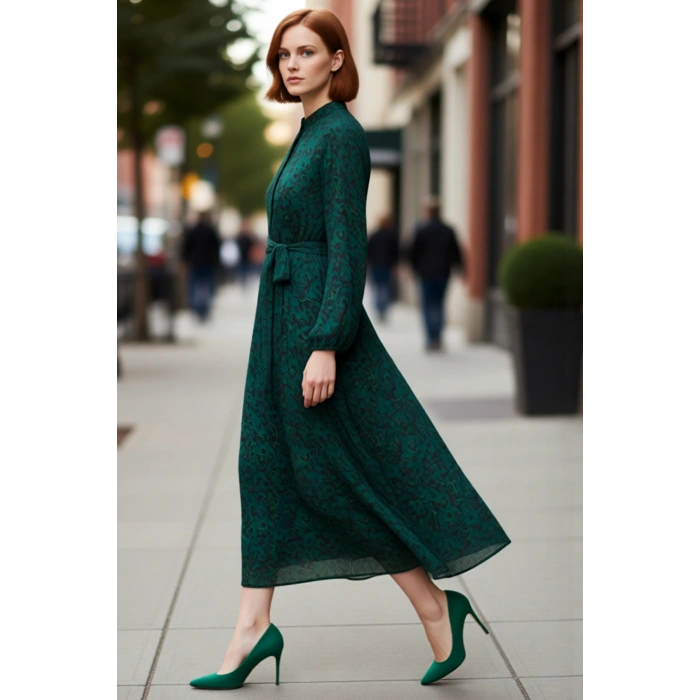 Kadın Dik Yaka Kuşaklı A line Kalıp Puantiye Desenli Şifon Uzun Kol Maxi Elbise Gündelik Şıklık