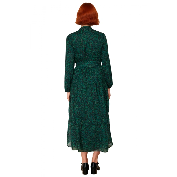 Kadın Dik Yaka Kuşaklı A line Kalıp Puantiye Desenli Şifon Uzun Kol Maxi Elbise Gündelik Şıklık