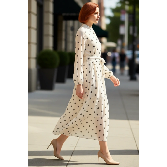 Kadın Dik Yaka Kuşaklı A line Kalıp Puantiye Desenli Şifon Uzun Kol Maxi Elbise Gündelik Şıklık