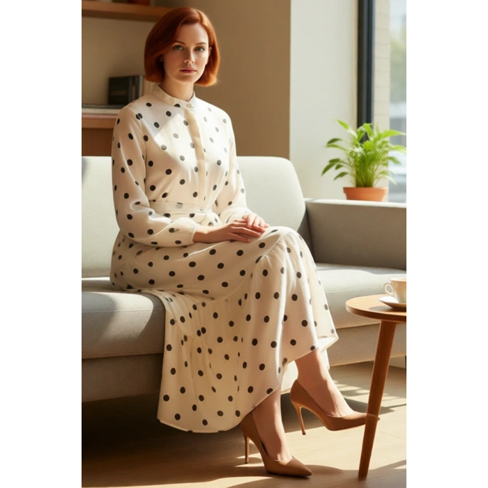 Kadın Dik Yaka Kuşaklı A line Kalıp Puantiye Desenli Şifon Uzun Kol Maxi Elbise Gündelik Şıklık