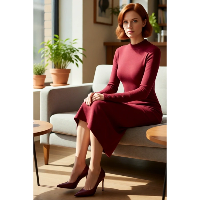 Kadın Dik Yaka Örme Bodycon Midi Elbise Düz Deseniyle Günlük Şıklığı Uzun Kollu Rahatlık Sunar