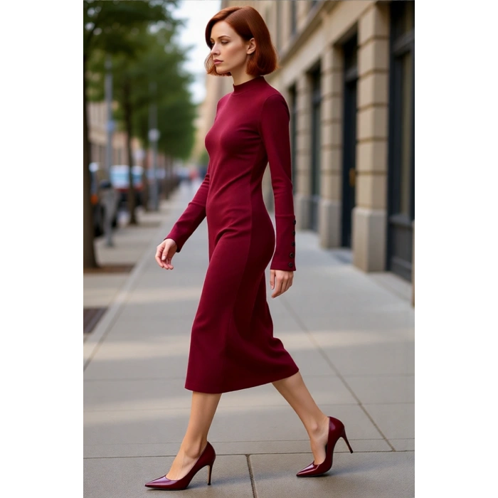 Kadın Dik Yaka Örme Bodycon Midi Elbise Düz Deseniyle Günlük Şıklığı Uzun Kollu Rahatlık Sunar