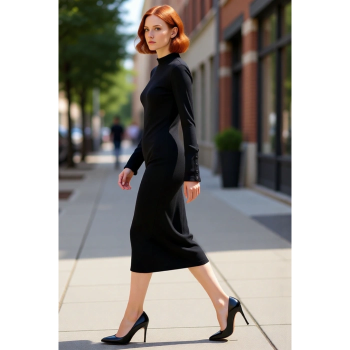 Kadın Dik Yaka Örme Bodycon Midi Elbise Düz Deseniyle Günlük Şıklığı Uzun Kollu Rahatlık Sunar