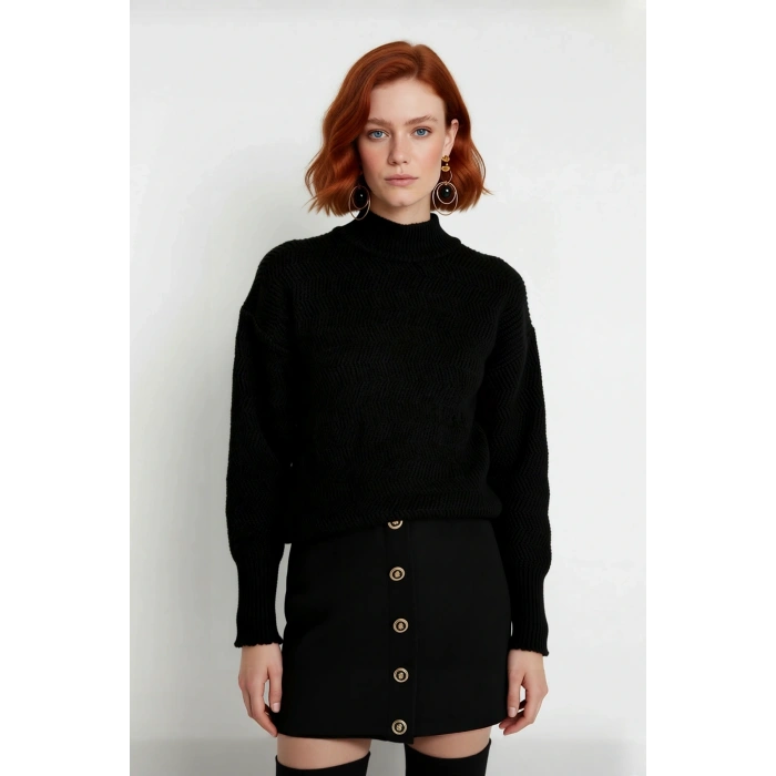 Kadın Dik Yaka Oversize Balon Kol Triko Kazak Kışlık Rahat Şık Günlük Kombinler İçin İdeal