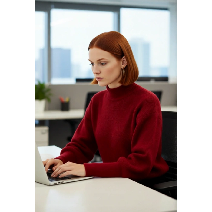 Kadın Dik Yaka Oversize Balon Kol Triko Kazak Kışlık Rahat Şık Günlük Kombinler İçin İdeal