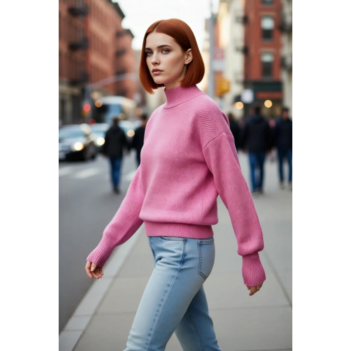 Kadın Dik Yaka Oversize Balon Kol Triko Kazak Kışlık Rahat Şık Günlük Kombinler İçin İdeal