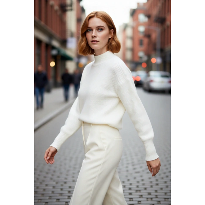 Kadın Dik Yaka Oversize Balon Kol Triko Kazak Kışlık Rahat Şık Günlük Kombinler İçin İdeal