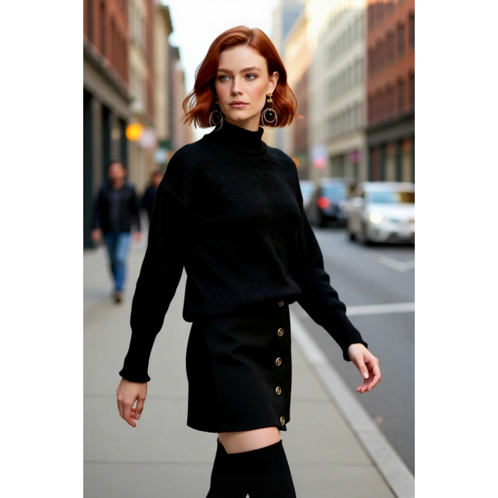 Kadın Dik Yaka Oversize Balon Kol Triko Kazak Kışlık Rahat Şık Günlük Kombinler İçin İdeal