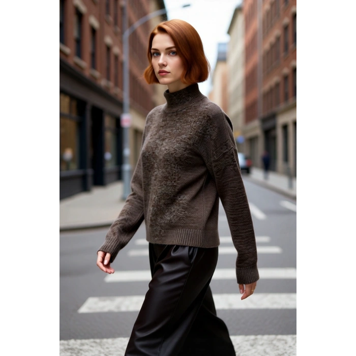 Kadın Dik Yaka Oversize Kalın Triko Kazak Düşük Kol Detaylarıyla Kış Aylarının Favori Parçası