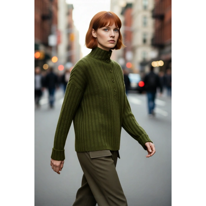 Kadın Dik Yaka Oversize Kalıp Düz Renk Düşük Kol Triko Kazak Soğuk Havalarda Konforlu ve Modern