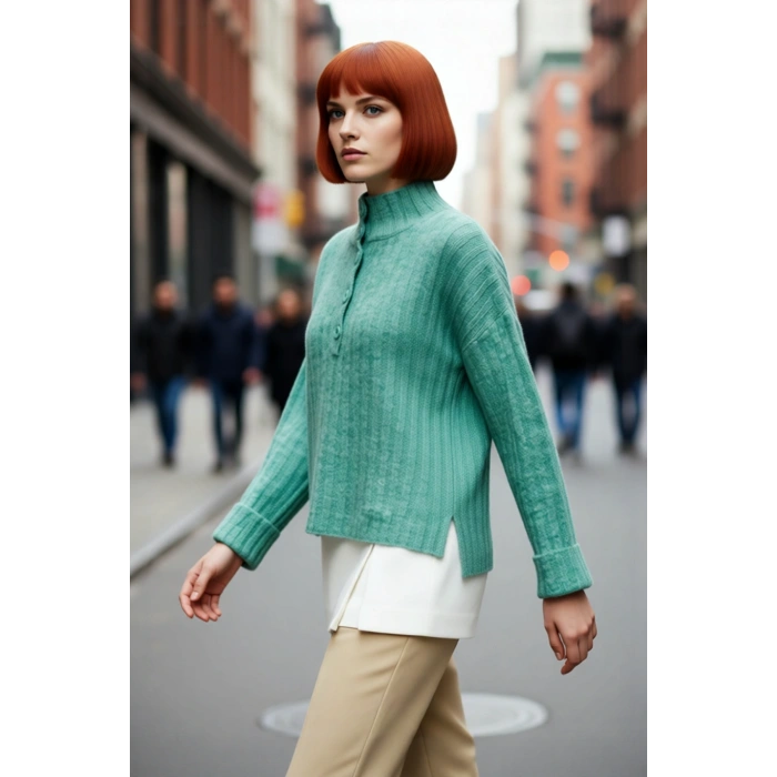 Kadın Dik Yaka Oversize Kalıp Düz Renk Düşük Kol Triko Kazak Soğuk Havalarda Konforlu ve Modern