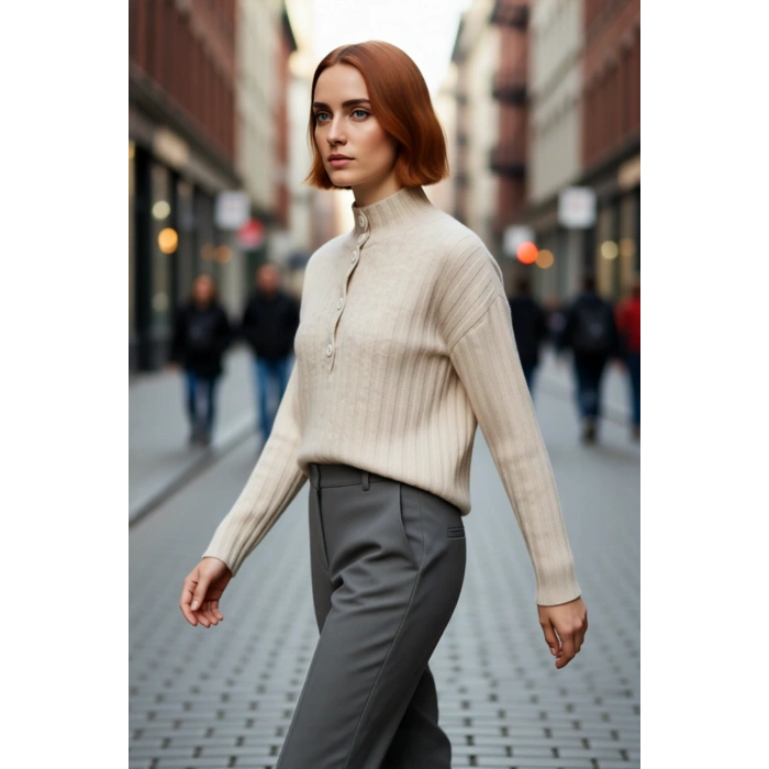 Kadın Dik Yaka Oversize Kalıp Düz Renk Düşük Kol Triko Kazak Soğuk Havalarda Konforlu ve Modern
