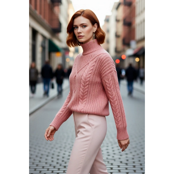 Kadın Dik Yaka Oversize Kesim Saç Örgü Desenli Kalın Akrilik Triko Uzun Kollu Kazak Modeli