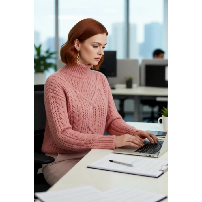 Kadın Dik Yaka Oversize Kesim Saç Örgü Desenli Kalın Akrilik Triko Uzun Kollu Kazak Modeli