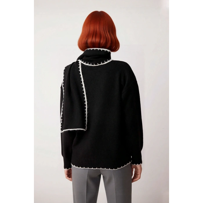 Kadın Dik Yaka Oversize Triko Kazak Şal Detayları İle Kış Kombinlerinize Elegans Katın Kaliteli