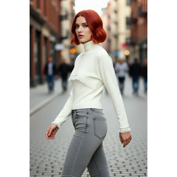 Kadın Dik Yaka Regular Kalıp Püskül Detaylı Uzun Kollu Triko Kazak Crop Bluz Takımı Kışlık Kombin