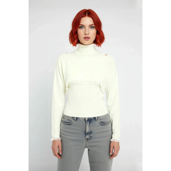 Kadın Dik Yaka Regular Kalıp Püskül Detaylı Uzun Kollu Triko Kazak Crop Bluz Takımı Kışlık Kombin