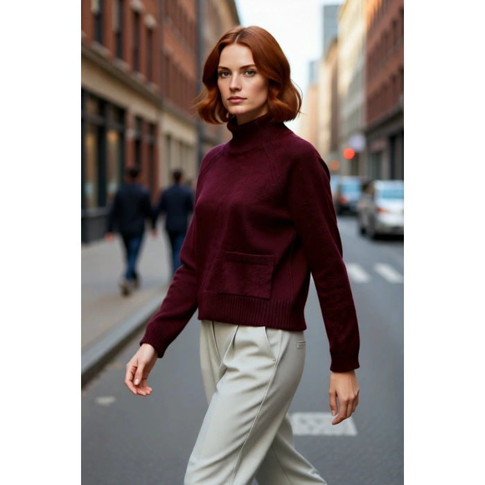 Kadın Dik Yaka Regular Kalıp Triko Kazak Cep Detaylı Uzun Reglan Kol Kış Şıklığı Sunar Kaliteli