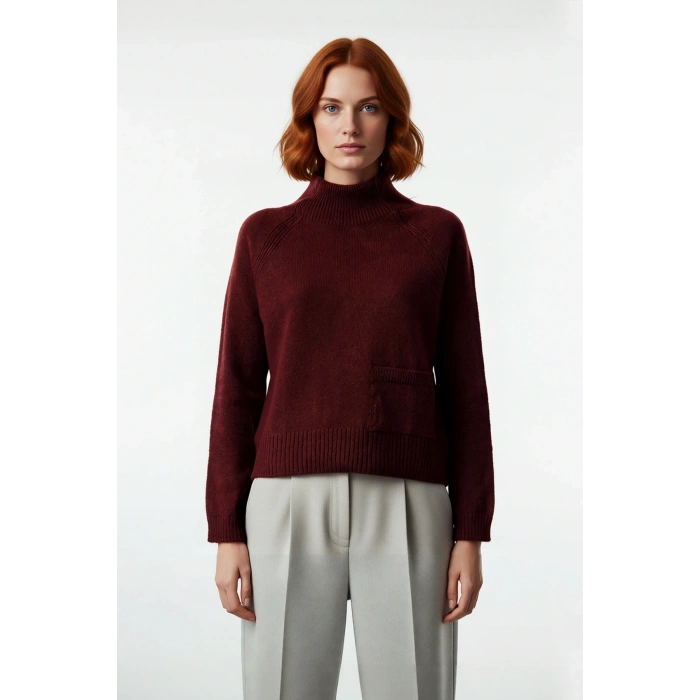 Kadın Dik Yaka Regular Kalıp Triko Kazak Cep Detaylı Uzun Reglan Kol Kış Şıklığı Sunar Kaliteli