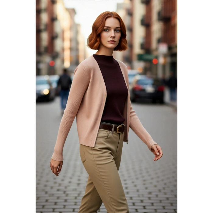 Kadın Dik Yaka Renk Bloklu Fitilli Triko Kazak Fitted Kalıp Uzun Kollu Casual Basic Model Kaliteli