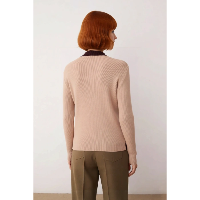 Kadın Dik Yaka Renk Bloklu Fitilli Triko Kazak Fitted Kalıp Uzun Kollu Kış Sezonu Basic Kaliteli