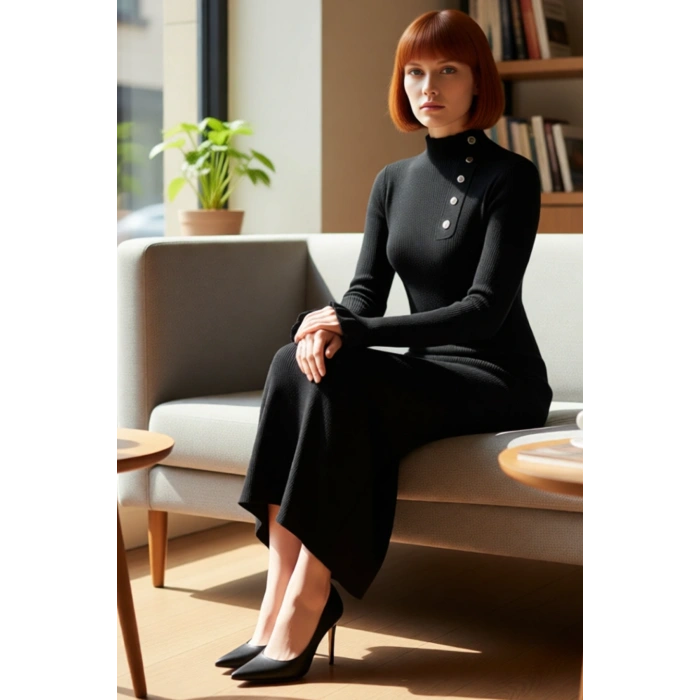 Kadın Dik Yaka Ribana Dokulu Uzun Kollu Maxi Elbise Şık Düğme Detayıyla Kış Giyimine Özel Kaliteli