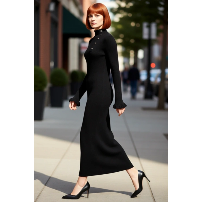 Kadın Dik Yaka Ribana Dokulu Uzun Kollu Maxi Elbise Şık Düğme Detayıyla Kış Giyimine Özel Kaliteli