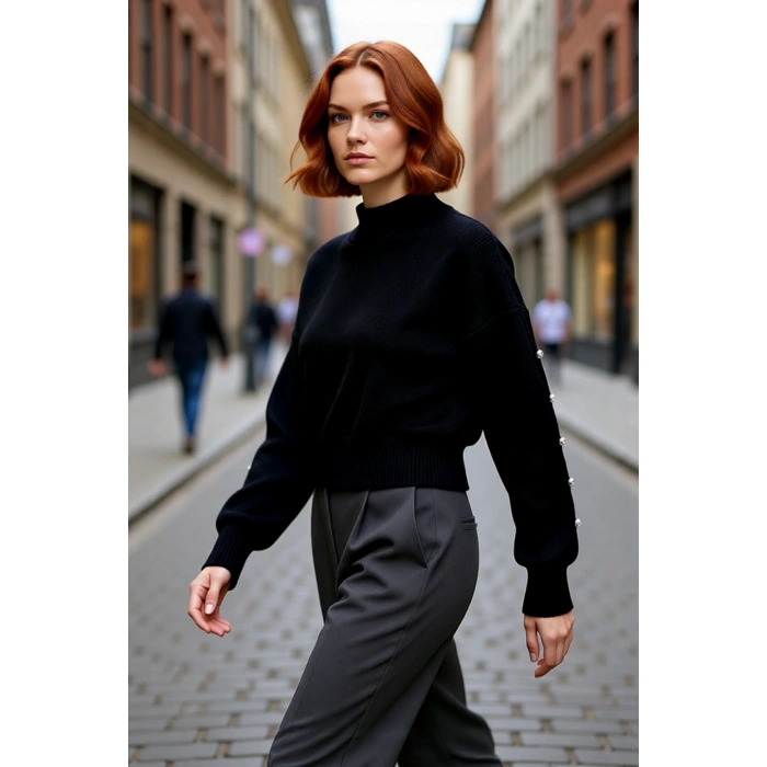 Kadın Dik Yaka Triko Kazak Düşük Kollu Düğme Detaylı Modern Regular Kalıp Kış İçin İdeal Seçim