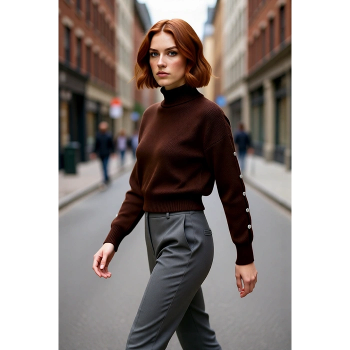 Kadın Dik Yaka Triko Kazak Düşük Kollu Düğme Detaylı Modern Regular Kalıp Kış İçin İdeal Seçim