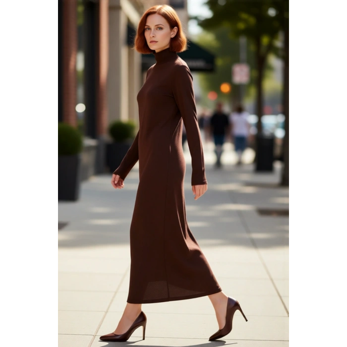 Kadın Dik Yaka Triko Maxi Elbise A Kesim Uzun Kollu Akrilik Rahat Kışlık Günlük Kombinler İçin İdeal