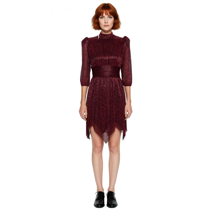 Kadın Dik Yaka Truvakar Balon Kol Fermuarlı Astarlı Kısa Örme A Kesim Abiye Elbise Gece Şıklığı